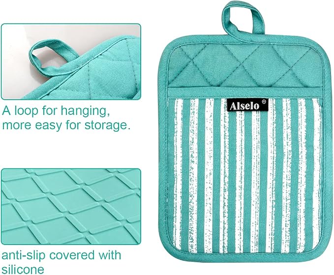 Alselo Silicone Pot Holders Set of 3 Heat Resistant & Non Slip Potholders | Professional Oven Hot Pads with Pockets Mitts for Kitchen Cooking Baking Barbecue (Green, 3)