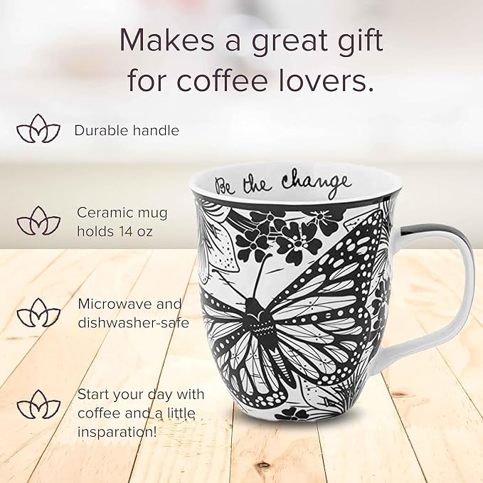 Karma Gifts 14 oz Black and White Boho Mug Butterfly - Cute Coffee and Tea Mug - Ceramic Coffee Mugs for Women and Men