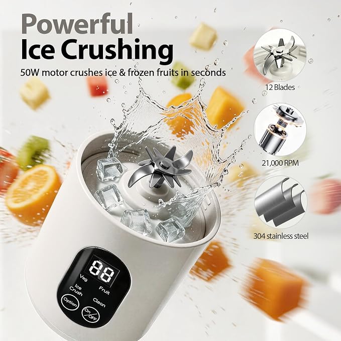 Personal Blender for Smoothies, 580ML USB-C Rechargeable | Portable Blender Cup, 12-Blade Smoothie Maker with Travel Lid, Handle & LED Display for Gym, Office, Travel and Outdoor