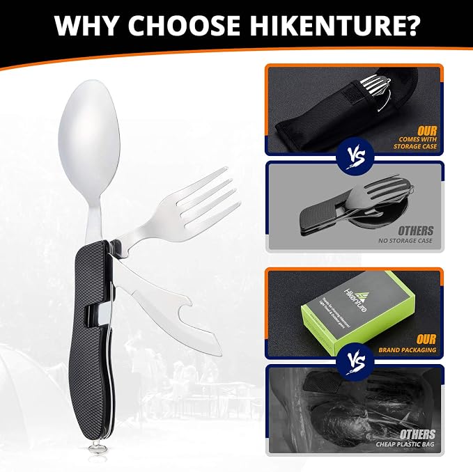 HIKENTURE Camping Utensils with Case 4-in-1 Folding Flatware Stainless Steel Fork Knife Spoon Bottle Opener Travel Cutlery Hobo Multitool Set(Black 2 Pack)