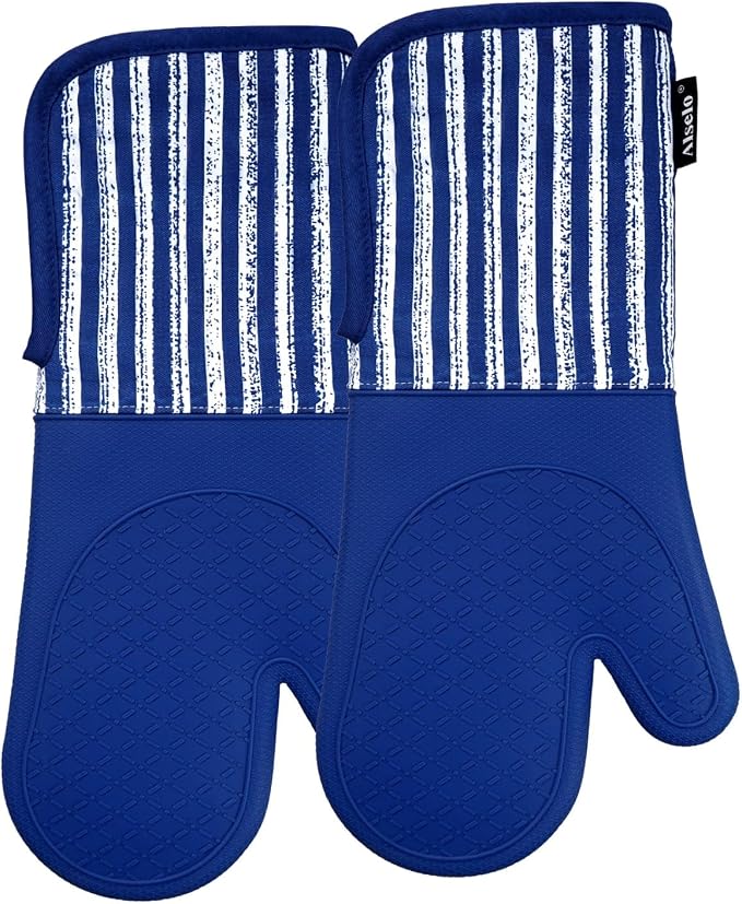 Alselo Silicone Oven Mitts Heat Resistant 932℉ with Waterproof & Non-Slip | Kitchen Mittens Set of 2,Extra Long 7.5"x15" Oven Gloves with Soft Cotton Terry Lining for Baking Cooking BBQ(Cobait Blue,2)