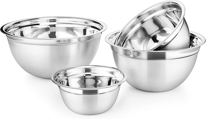 Premium Stainless Steel Mixing Bowls, Set of 4 Stainless Steel Mixing Bowl Set, Easy To Clean, Space Saving, Great for Cooking, Baking, Prepping 0.74qt 1.4qt 3qt 5qt (4 pc German Mixing Bowl)