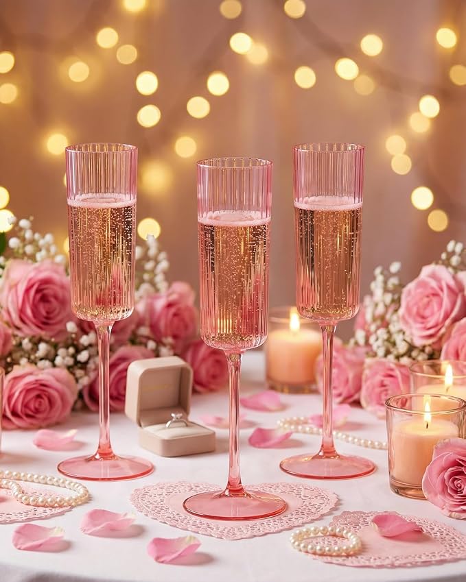 Ciaell 24 Pack Pink Plastic Champagne Flutes for Mimosa Bars | 6 oz Pink Long Stem Vintage Ribbed Mimosa Glasses, Heavy Duty Plastic, Champagne Mimosas Wine Cocktails for Weddings Parties