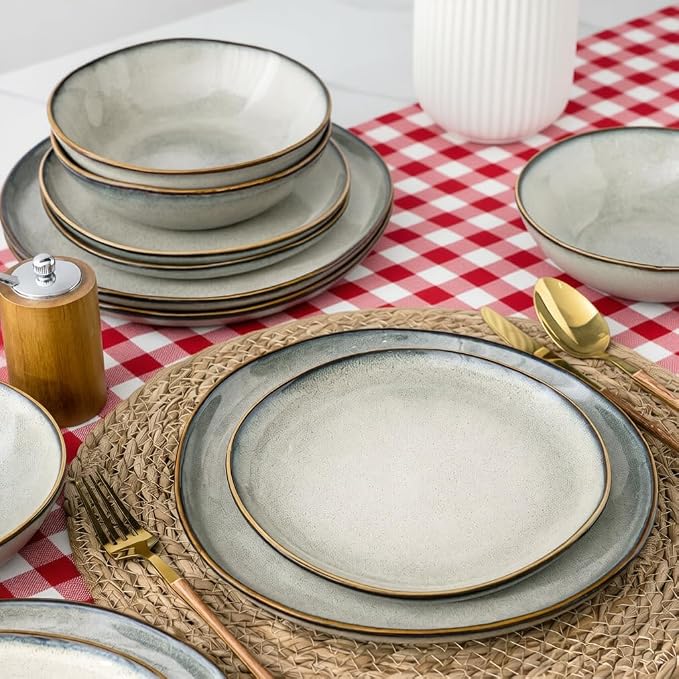 AmorArc Ceramic Dinnerware Sets for 4, 12Pcs Plates and Bowls Sets Dishes | Stoneware Handmade Reactive Glaze Dinner Set, Highly Scratch Resistant | Dishwasher & Microwave Safe Dishware