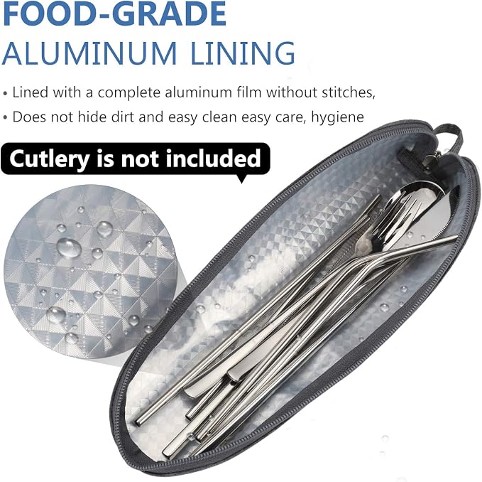 Travel Utensil Sets Carrying Case Portable Cutlery Set Pouch Reusable Silverware Set Bag Stainless Steel Straws Pouch Chopsticks Knife Fork and Spoon Holder for Work Bento Box Lunch Bag, Grey