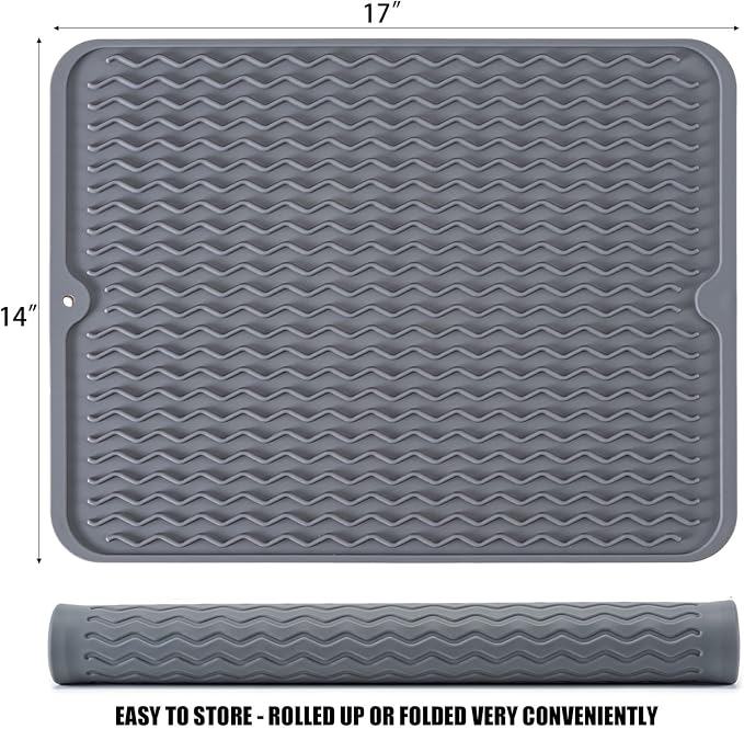 Silicone Dish Drying Mat, Non-Slip Easy Clean Sink Mat, Grey, 17" x 14" | Quick-Dry Ridges, Large Heat-resistant Dish Drainer Mat for Kitchen Counter, Hangable & Roll-Up for Storage, Dishwasher Safe