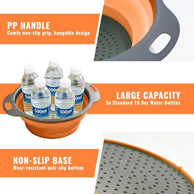 2 Pack Collapsible Silicone Colander with Handle, Over Sink Foldable Food Strainer, BPA-Free Space Saving Drain Basket for Vegetables, Fruits, Pasta, Kitchen & Camping (Orange)