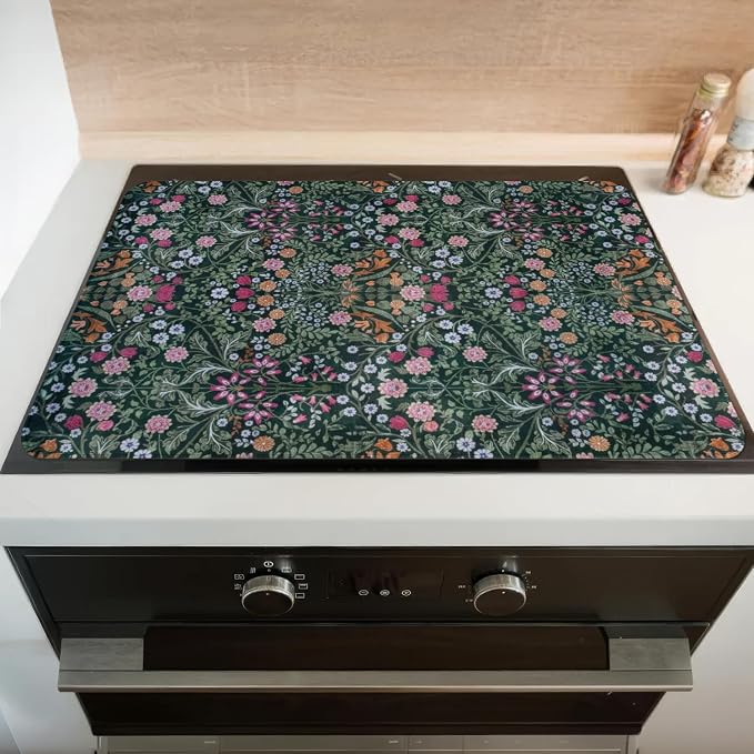 Boho Glass Stove Top Cover for Electric Stoves,Botanical Floral Dark Green Farmhouse Stove Top Cover for Kitchen Decor,Heat Resistant Cooktop Protector Mat,Non-Slip Washable Dish Drying Mat 28"x20"