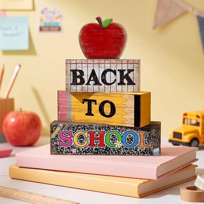 Lineshading 4 Pcs Back to School Table Decor Wooden Apple Blocks Sign | Back To School Tiered Tray Decor Apple Centerpieces Rustic Wood Pencil Block Sign Farmhouse Gifts For Class Party Home Shelf