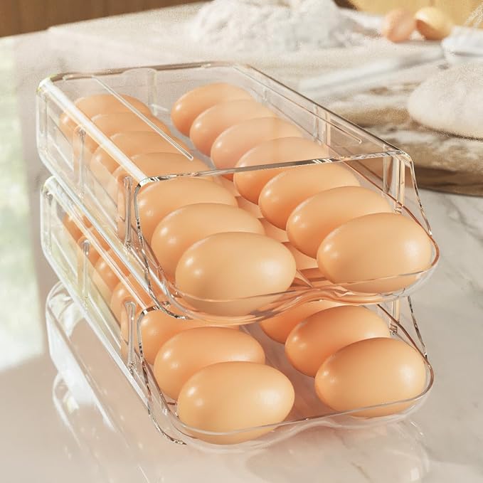 theaoo Egg Holder for Fridge, Automatic Rolling Egg Container, Clear, 2Pack | Quick Removable Inner Tray For Easy Egg Loading. Stackable Egg Dispenser For Refrigerator Storage and Organization