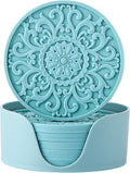 Colinda Silicone Coasters - Set of 6 with Holder, Non-Slip Cup Mats for Hot and Cold Drinks, Decorative Designs, Gift Ready Packaging,Turquoise
