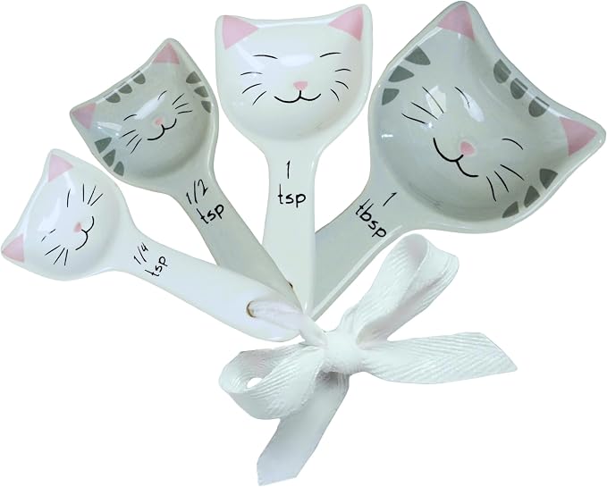 Cat Measuring Spoons Set of 4, Ceramic Baking Kitchen Gifts for Women | Decorative Themed Gifts for Cat Lovers, Cute Kitchen Accessories for Cat Mom Gifts, Functional Baking Utensils and Cat Merch