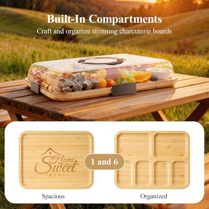 Portable Bamboo Charcuterie Board with Lid, Engraved Home Print | Includes Knife Set, Plates, Forks & Handle, Travel Serving Tray Platter for Cheese, Meat, Fruit, Housewarming Gift for Women