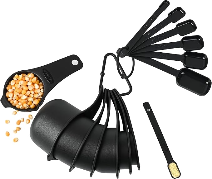 Measuring Cups and Spoons Set 15, Black Dry & Liquid Plastic Measuring Cups and Spoons, Metric & US 7 Measure Cups & 7 Measure Spoons for Kitchen & Baking