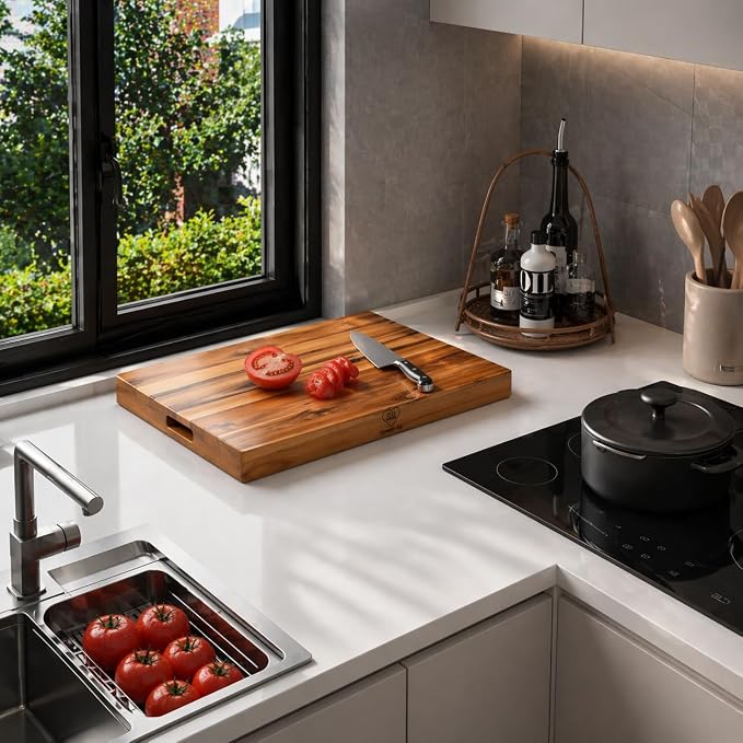 29.5x21.6 Teak Wood Stove Top Covers for Gas & Electric Stove with Handles | Noodle Board Stove Cover Tray for Counter Space, Cutting Board with Juice Groove