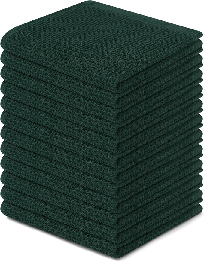 Homaxy 100% Cotton Waffle Weave Kitchen Dish Cloths 12-Pack, Blackish Green | 12 x 12 Inches, Ultra Soft Absorbent Dish Towels, Quick Drying Dish Rags with Hanging Loop