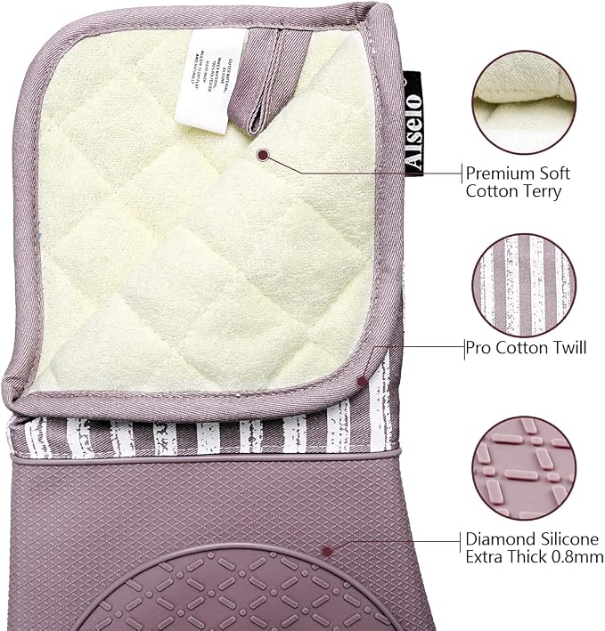 Alselo Silicone Oven Mitts Heat Resistant 932℉ with Waterproof & Non-Slip | Kitchen Mittens Set of 2,Extra Long 7.5"x15" Gloves with Soft Cotton Terry Lining for Baking Cooking BBQ(Purple,2)