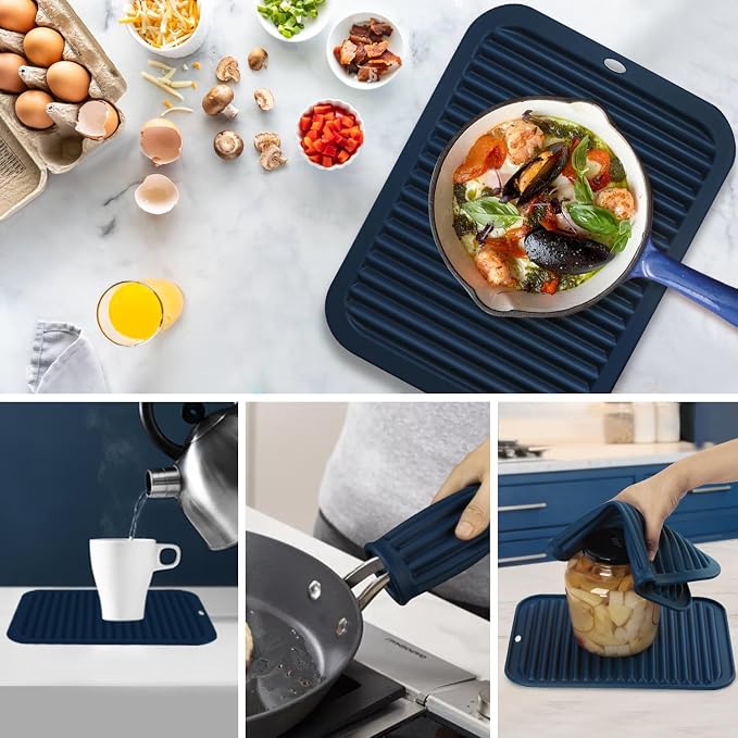 Silicone Mats for Kitchen Counter, 9x12'' Trivets for Hot Pots and Pans, Navy Blue Silicone Trivets for Hot Dishes, Protect Table Quartz Countertops