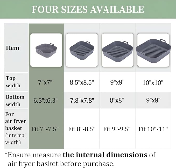 Golden Associate Silicone Liners Square for 6.5 to 7.5 inch Air Fryer, 2 Pcs Non-stick Food-grade Reusable Basket Baking Tray Airfryer Accessories, Top Size 7 inches, Bottom Size 6.3 inches