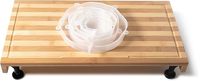 Ceaz Bamboo Cutting Board with Adjustable Legs - Raised Stovetop Cover, Wood Chopping Butcher Block with Juice Grooves for Kitchen, RV, Camper - Complete with Silicone Food Covers