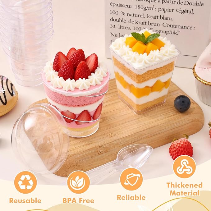 mwellewm 390 Pcs Dessert Cups with Lids and Spoons, 5 OZ Parfait Cups 3 OZ Plastic Desert Cups Clear Mini Shooter Cups for Party Reusable Small Appetizer Serving Fruit Cup Ice Cream Cake Pudding