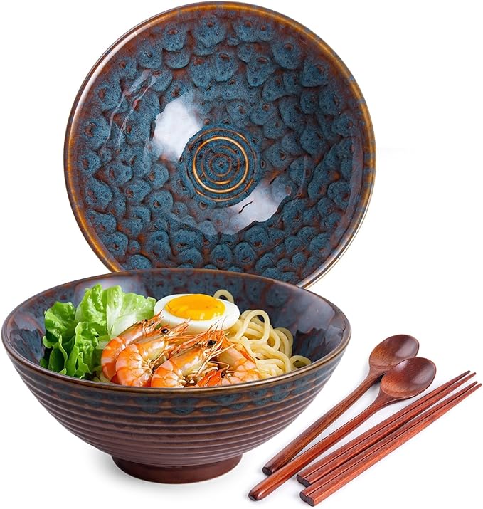 Ceramic Japanese Ramen Bowl Set, 2 Sets Asian Pho Udon Soup Noodle Bowls with Spoons and Chopsticks (Peacock Green, 8 inches)