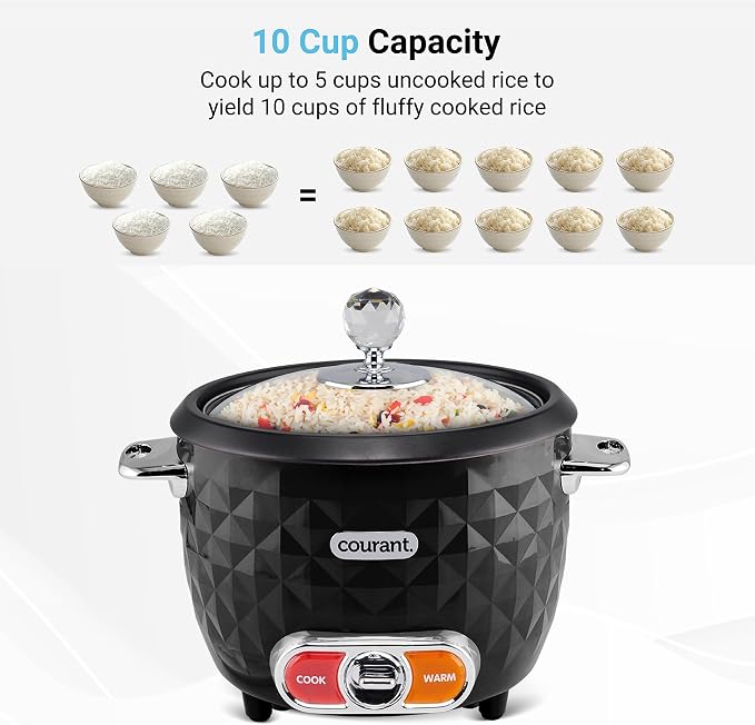 Courant 10-Cup (Cooked) / 5-Cup Uncooked Rice Cooker and Steamer with One-Touch Operation, Automatic Keep Warm Function, and Chrome Accents, Black