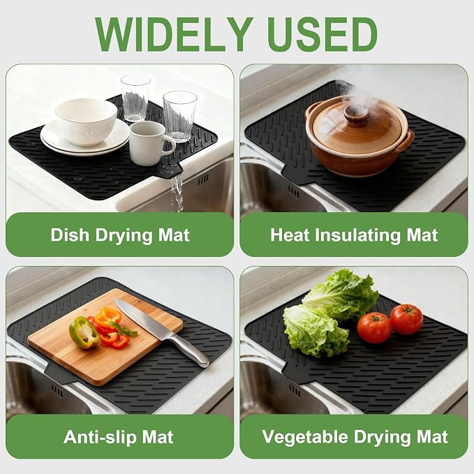Silicone Dish Drying Mat for Kitchen Counter, Black-1pcs, 23" x 17" | Heat Resistant & Non-Slip Dish Drain Pad with Built-In Drain, Dishwasher Safe, Quick-Dry, Hangable & Roll-Up for Storage
