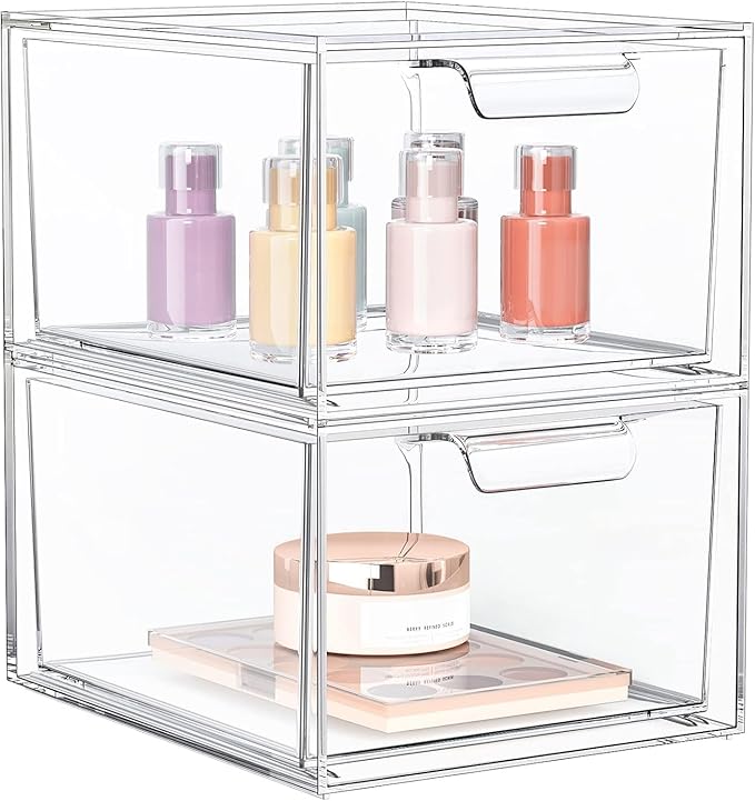 2 Pack Stackable Acrylic Makeup Organizer, Clear Storage Drawers | Clear Plastic Drawer Organizers with Handles for Vanity, Bathroom, Bedroom, Cosmetics, Jewelry and Home Storage