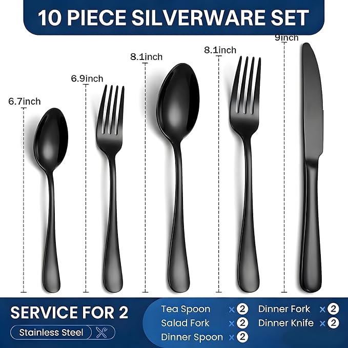 SIAKA 10-Piece Black Silverware Set, Stainless Steel Flatware Set Service for 2, Food Grade Cutlery Utensil Set for Home Restaurant, Include Knife Forks Spoons Set, Mirror Polished Dishwasher Safe