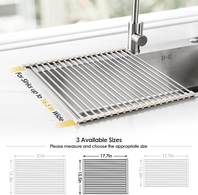 Tomorotec Roll Up Dish Drying Rack Over Sink, 304 Steel, 17.7x15.5, White | Anti-Slip Silicone Rims For Grip, Heat-Resistant Trivet Mat Holding Heavy Cookware, Rustproof Kitchen Counter Space Saver