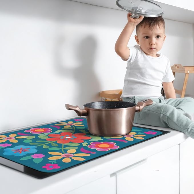 Boho Glass Stove Top Cover for Electric Stoves,Flower Floral Farmhouse Stove Top Cover for Kitchen Decor,Heat Resistant Cooktop Protector Mat,Non-Slip Washable Dish Drying Mat 28"x20"