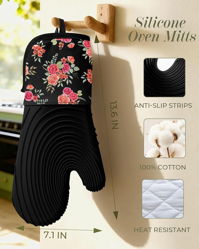 Slohif Long Silicone Oven Mitts Heat Resistant for Women - 2 Pcs Rose 100% Cotton Oven Gloves, Non-Slip and Waterproof Silicone Oven Mitts with Hanger for Baking and Cooking