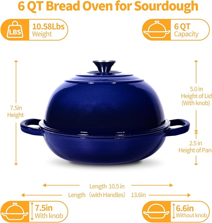 6QT Enameled Cast Iron Dutch Oven For Sourdough Bread Baking | Dutch Oven Pot With Lid,Non-stick Sourdough Baking Pan with Bread Dome,Round Ceramic Dutch Oven Pot for Homemade