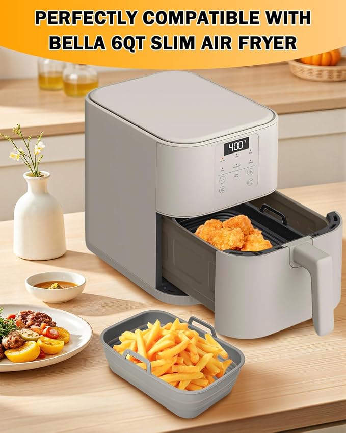 Air Fryer Silicone Liners Collapsible for bella 6Qt(5lb) Slim Air Fryer | 2-Pack Reusable Airfryer Silicone Pot Baking Basket Insert Accessories, Non Stick, Easy Cleaning, Gray+Black