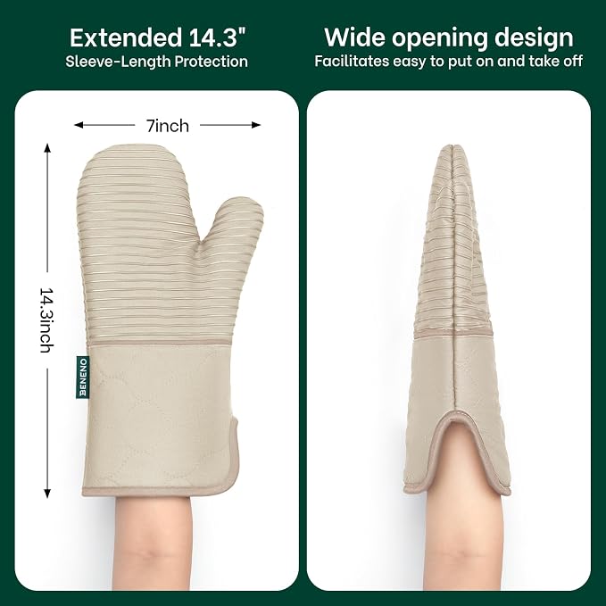 Beneno Heat Resistant 500°F Kitchen Oven Mitts 2-Pack, 7.5"x14.3", Beige | Textured Non-Slip Silicone Grip, Extra Long Forearm Protection, Soft Quilted Cotton Terry Lining, Ideal for Baking & Grilling