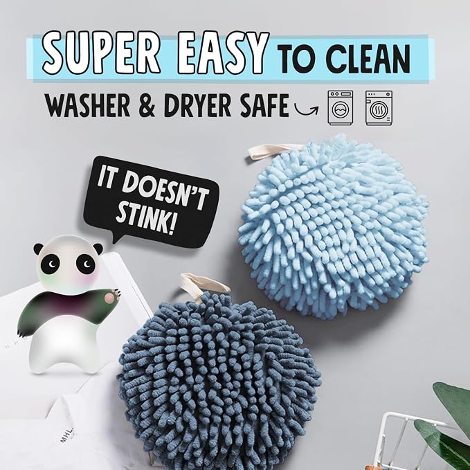 Sophie & Panda Fuzzy Ball Towel (Set of 2) Light and Dark Blue - Dry Your Hand Instantly conveniently with This Creative Bath Towel Set Decorative Towels for Bathroom (Pack of 2)