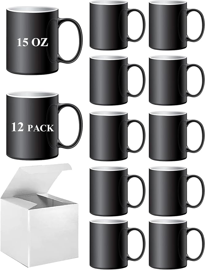 ABBSH Color Changing Mugs, Sublimation Mugs Black Color Changing Coffee Mugs Heat Sensitive Coffee Mugs Tazas Magicas Para Sublimacion 15 OZ With Box Set of 12