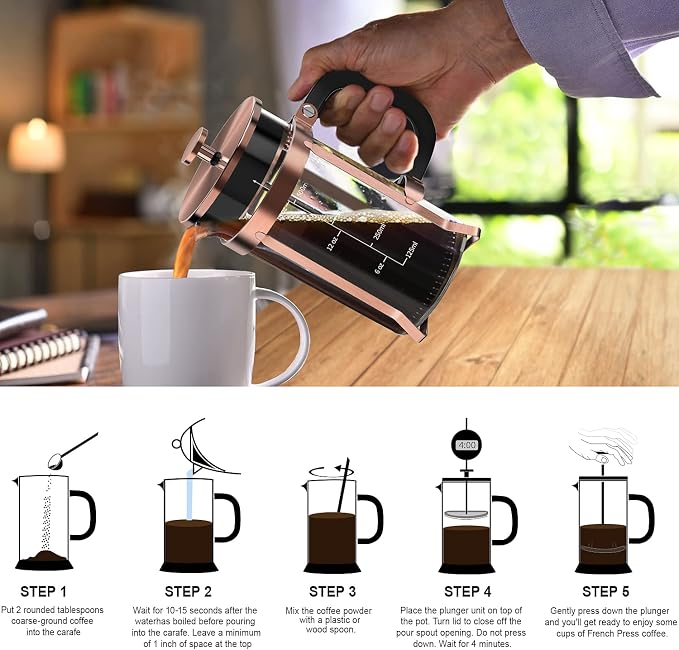 QUQIYSO French Press Coffee Maker, Borosilicate Glass Coffee Press | Thickened Glass Stainless Steel Coffee French Press,Easy to Clean,4 Filter Suitable for Kitche Camping Gifts (21oz, Copper)