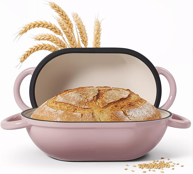 2 QT Oval Dutch Oven for Bread Baking,Enamelled Cast Iron Bread Oven for Sourdough, Sourdough Loaf Pan with Lid, Heavy-Duty Non Stick Bread Pan for Homemade Bread Baking, Pink