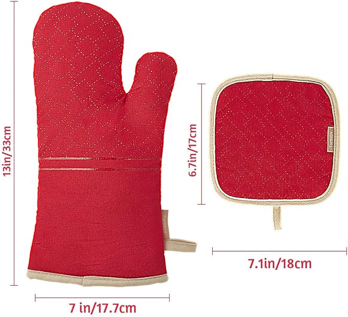 4Pcs Oven Mitts and Pot Holders Set, 572F Heat Resistant Oven Glove, Soft Cotton Lining with Non-Slip Surface for Kitchen Baking BBQ (Red)