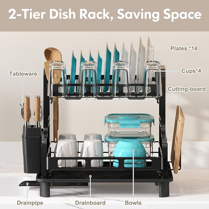 2 Tier Black Dish Drying Racks for Kitchen Counter with Drainboard | Large Stainless Steel Dish Drainer with Utensil Holder, Space Saving, Big Modern Countertop Metal Plate Dryer Strainer Rack