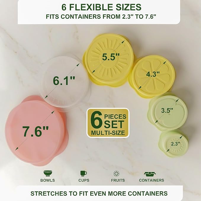 Silicone Stretch Lids 6 PCS – Airtight Reusable Food Covers for Bowls & Containers, Multi Size Flexible Silicone Lids, Leak Proof, BPA Free, Microwave Dishwasher & Freezer Safe