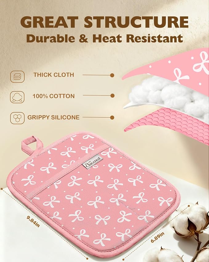 100% Cotton Pot Holders Textured Soft Silicone Grip Pink Bow | Stylish Pot Holders 2pcs, Machine Washable Non-Slip Heat Resistant Hot Pads & Oven Mitts 2-in-1, Practical Kitchen Decor