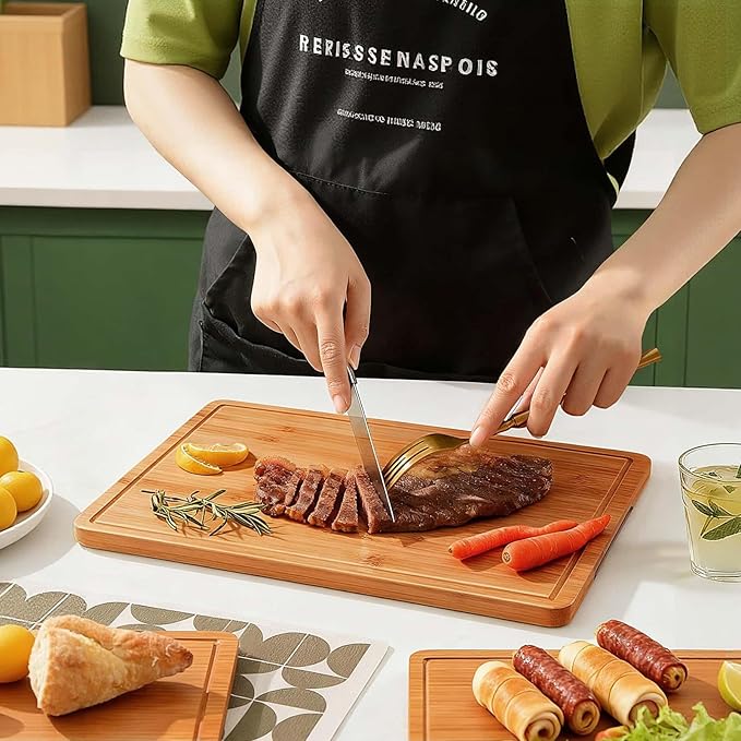 Zarler Bamboo Cutting Boards for Kitchen, 4 Piece Durable Wood Cutting Board with Juice Grooves and Handles, Wooden Chopping Board Set for Meal Prep, 500℉ Carbonized Bamboo, Ideal Kitchen Gift