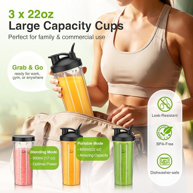 KOIOS Personal Blender for Smoothies with 3 x 22oz To-go Cups, BL319B Black | 22000 RPM Detachable Blade Countertop Blenders for Kitchen. Ideal for Baby Food, Protein Shakes, Ice Crushing & Fresh Juice