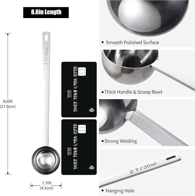 Doosu Metal 6.9in Long Handle Coffee Scoop for Ground Coffee (2 Tbsp) | Food-Grade 18/8 Stainless Steel Measuring Spoon, Tablespoon Scooper for Coffee Beans, Espresso, Protein Powders, Tea, Sugar