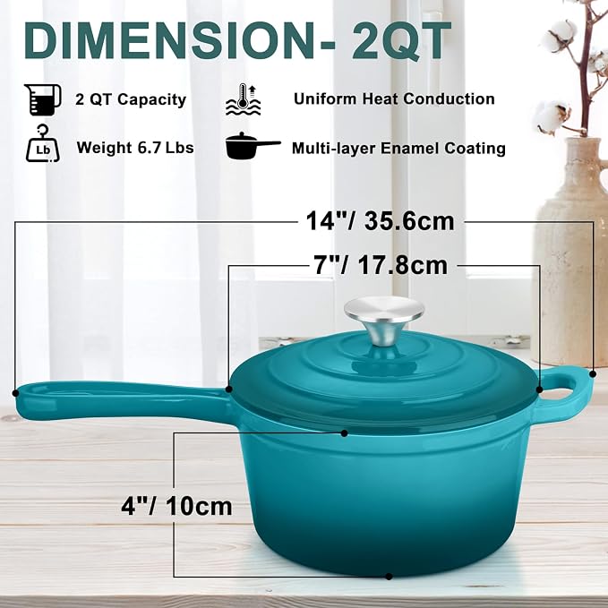 2 Quart Saucepan with Lid, Leonyo Enameled Cast Iron Sauce Pan, Cast Iron Pot and Pan Dutch Oven Induction Cookware for All Cooktops Cooking Soup, Milk, Paste- Up to 500°F & 6.7Lbs, Lake Green