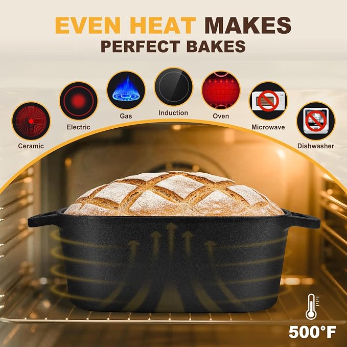 7QT Oval Dutch Oven for Sourdough Bread Baking, Pre-Seasoned Cast Iron Bread Pan with Lid, Even Heat Distribution for Homemade Bread