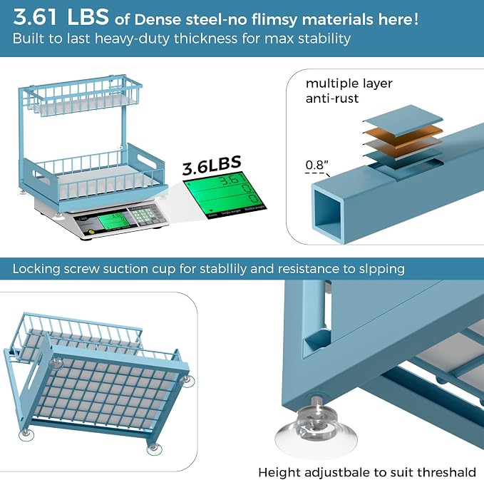 L-Shaped Under Sink Organizer, 2-Tier Pull-out Cabinet Rack 1-Pack | Teal Height-Adjustable Steel Rack, Sliding Grid Drawers with PP Liners, Holds 100 Lbs, Suction Base, Ideal Kitchen Storage